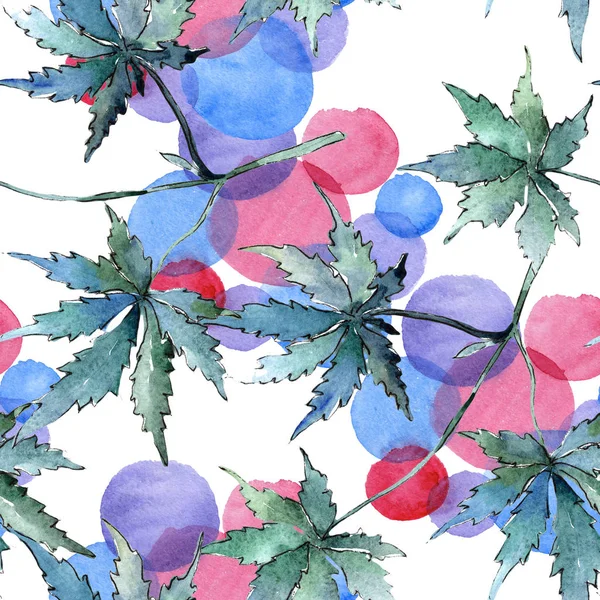 Yeşil esrar bir suluboya tarzında bırakır. Sorunsuz arka plan deseni. Kumaş duvar kağıdı yazdırma doku. Aquarelle yaprak için arka plan, doku, sarıcı desen, çerçeve veya kenarlık.