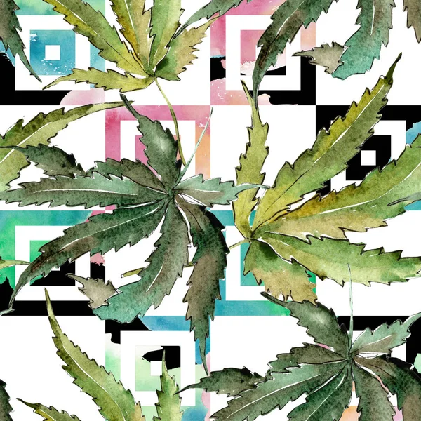 Yeşil esrar bir suluboya tarzında bırakır. Sorunsuz arka plan deseni. Kumaş duvar kağıdı yazdırma doku. Aquarelle yaprak için arka plan, doku, sarıcı desen, çerçeve veya kenarlık.