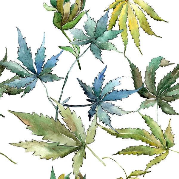 Zelená Konopí Listy Stylu Akvarelu Vzor Bezešvé Pozadí Fabric Tapety — Stock fotografie