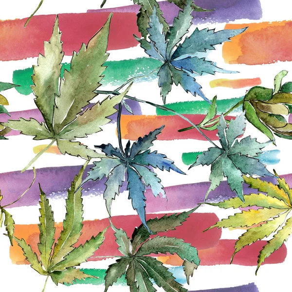 Yeşil esrar bir suluboya tarzında bırakır. Sorunsuz arka plan deseni. Kumaş duvar kağıdı yazdırma doku. Aquarelle yaprak için arka plan, doku, sarıcı desen, çerçeve veya kenarlık.