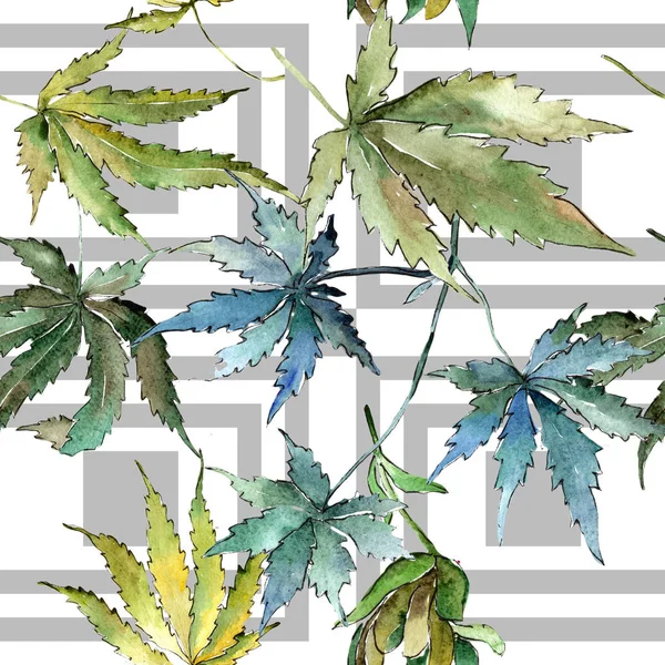 Yeşil esrar bir suluboya tarzında bırakır. Sorunsuz arka plan deseni. Kumaş duvar kağıdı yazdırma doku. Aquarelle yaprak için arka plan, doku, sarıcı desen, çerçeve veya kenarlık.