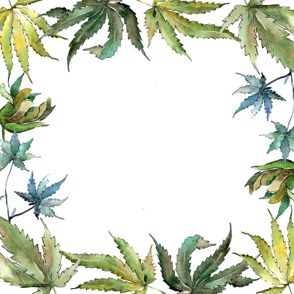 Hojas Cannabis Verde Estilo Acuarela Marco Borde Ornamento Cuadrado Hoja —  Fotos de Stock