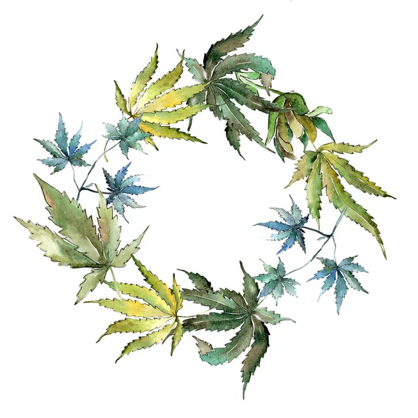 Gröna Cannabis Lämnar Akvarell Stil Ram Gränsen Prydnad Square Aquarelle — Stockfoto