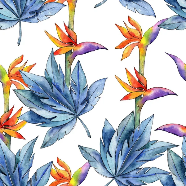 Colorful tropical plants. Floral botanical flower. Seamless background pattern. Fabric wallpaper print texture. Aquarelle wildflower for background, texture, wrapper pattern, frame or border.