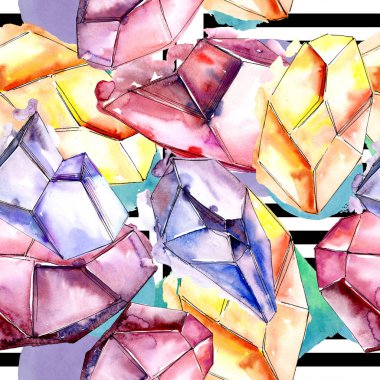 Renkli elmas taş takı mineral. Sorunsuz arka plan deseni. Kumaş duvar kağıdı yazdırma doku. Geometrik kuvars çokgen kristal taş mozaik şekil Ametist mücevher.