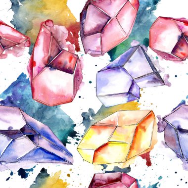 Renkli elmas taş takı mineral. Sorunsuz arka plan deseni. Kumaş duvar kağıdı yazdırma doku. Geometrik kuvars çokgen kristal taş mozaik şekil Ametist mücevher.