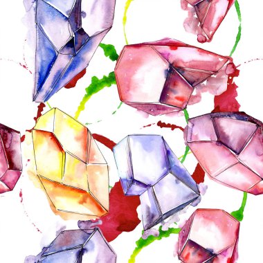 Renkli elmas taş takı mineral. Sorunsuz arka plan deseni. Kumaş duvar kağıdı yazdırma doku. Geometrik kuvars çokgen kristal taş mozaik şekil Ametist mücevher.