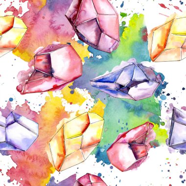 Renkli elmas taş takı mineral. Sorunsuz arka plan deseni. Kumaş duvar kağıdı yazdırma doku. Geometrik kuvars çokgen kristal taş mozaik şekil Ametist mücevher.