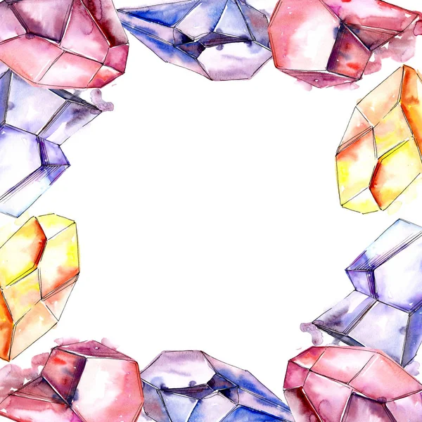 Renkli elmas taş takı mineral. Çerçeve kenarlığı süsleme Meydanı. Geometrik kuvars çokgen kristal taş mozaik şekil Ametist mücevher.