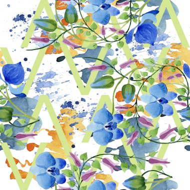 Mavi çiçek süsleme. Botanik çiçek. Sorunsuz arka plan deseni. Kumaş duvar kağıdı yazdırma doku. Arka plan, doku, sarıcı desen, çerçeve veya kenarlık için Aquarelle kır çiçeği.