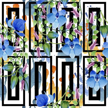 Mavi çiçek süsleme. Botanik çiçek. Sorunsuz arka plan deseni. Kumaş duvar kağıdı yazdırma doku. Arka plan, doku, sarıcı desen, çerçeve veya kenarlık için Aquarelle kır çiçeği.