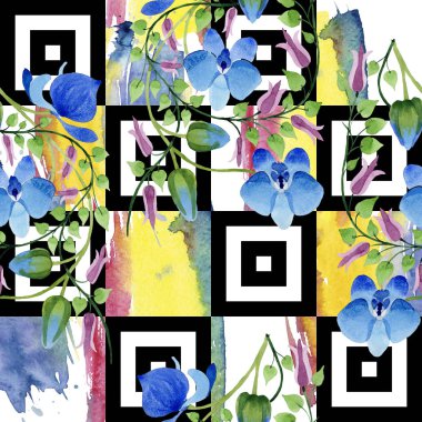 Mavi çiçek süsleme. Botanik çiçek. Sorunsuz arka plan deseni. Kumaş duvar kağıdı yazdırma doku. Arka plan, doku, sarıcı desen, çerçeve veya kenarlık için Aquarelle kır çiçeği.