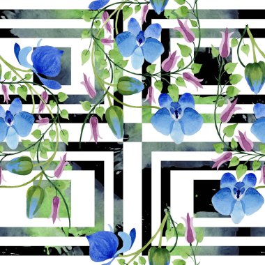 Mavi çiçek süsleme. Botanik çiçek. Sorunsuz arka plan deseni. Kumaş duvar kağıdı yazdırma doku. Arka plan, doku, sarıcı desen, çerçeve veya kenarlık için Aquarelle kır çiçeği.
