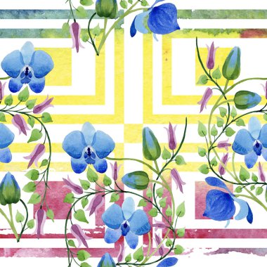 Mavi çiçek süsleme. Botanik çiçek. Sorunsuz arka plan deseni. Kumaş duvar kağıdı yazdırma doku. Arka plan, doku, sarıcı desen, çerçeve veya kenarlık için Aquarelle kır çiçeği.