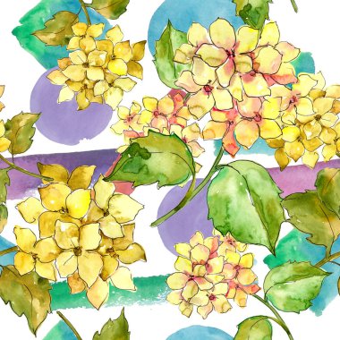 Renkli ortanca çiçek suluboya tarzında. Sorunsuz arka plan deseni. Bitki tam adı: ortanca. Arka plan, doku, sarıcı desen, çerçeve veya kenarlık için Aquarelle kır çiçeği.