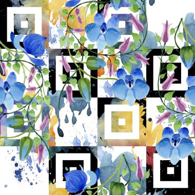 Mavi çiçek süsleme. Botanik çiçek. Sorunsuz arka plan deseni. Kumaş duvar kağıdı yazdırma doku. Arka plan, doku, sarıcı desen, çerçeve veya kenarlık için Aquarelle kır çiçeği.