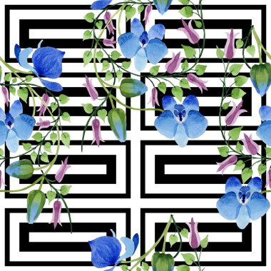 Mavi çiçek süsleme. Botanik çiçek. Sorunsuz arka plan deseni. Kumaş duvar kağıdı yazdırma doku. Arka plan, doku, sarıcı desen, çerçeve veya kenarlık için Aquarelle kır çiçeği.