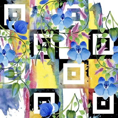 Mavi çiçek süsleme. Botanik çiçek. Sorunsuz arka plan deseni. Kumaş duvar kağıdı yazdırma doku. Arka plan, doku, sarıcı desen, çerçeve veya kenarlık için Aquarelle kır çiçeği.