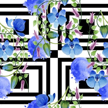 Mavi çiçek süsleme. Botanik çiçek. Sorunsuz arka plan deseni. Kumaş duvar kağıdı yazdırma doku. Arka plan, doku, sarıcı desen, çerçeve veya kenarlık için Aquarelle kır çiçeği.