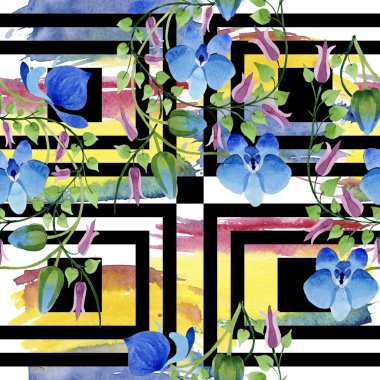 Mavi çiçek süsleme. Botanik çiçek. Sorunsuz arka plan deseni. Kumaş duvar kağıdı yazdırma doku. Arka plan, doku, sarıcı desen, çerçeve veya kenarlık için Aquarelle kır çiçeği.