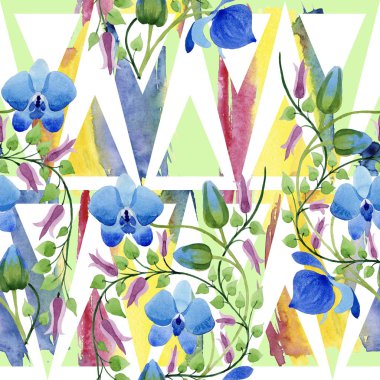 Mavi çiçek süsleme. Botanik çiçek. Sorunsuz arka plan deseni. Kumaş duvar kağıdı yazdırma doku. Arka plan, doku, sarıcı desen, çerçeve veya kenarlık için Aquarelle kır çiçeği.