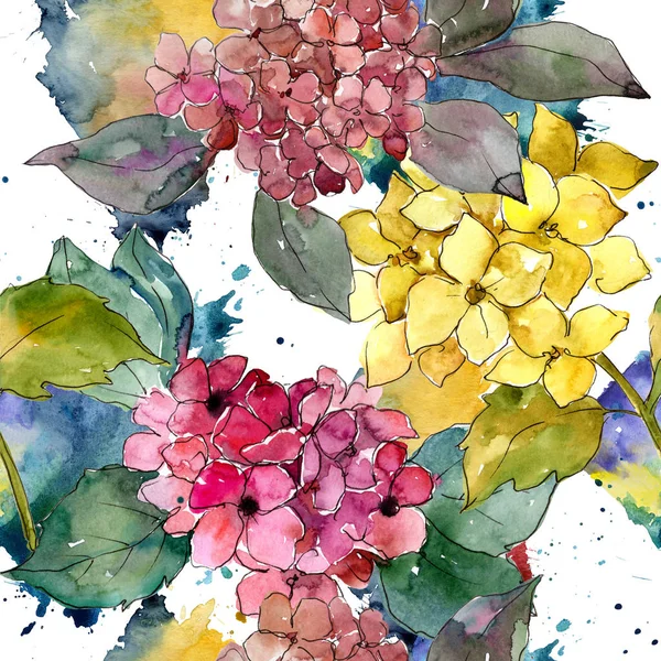 五颜六色的绣球花在水彩风格 无缝的背景图案 植物全名 绣球花 包装图案 框架或边框的水彩画野花 — 图库照片