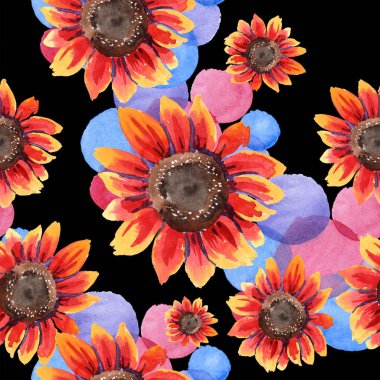 Kır çiçeği kırmızı ayçiçeği çiçek suluboya tarzında. Sorunsuz arka plan deseni. Kumaş duvar kağıdı yazdırma doku. Arka plan, doku, sarıcı desen, çerçeve için Aquarelle kır çiçeği.