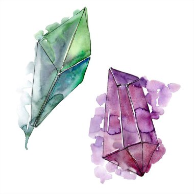 Yeşil ve mor elmas taş takı mineral. İzole illüstrasyon öğesi. Geometrik kuvars çokgen kristal taş mozaik şekil Ametist mücevher.