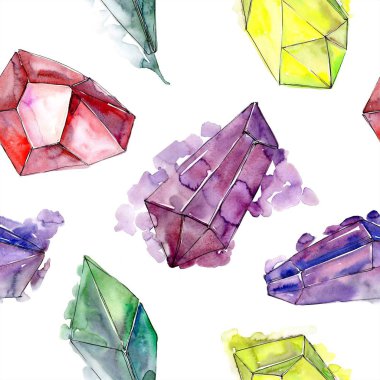 Renkli elmas taş takı mineral. Sorunsuz arka plan deseni. Kumaş duvar kağıdı yazdırma doku. Geometrik kuvars çokgen kristal taş mozaik şekil Ametist mücevher.