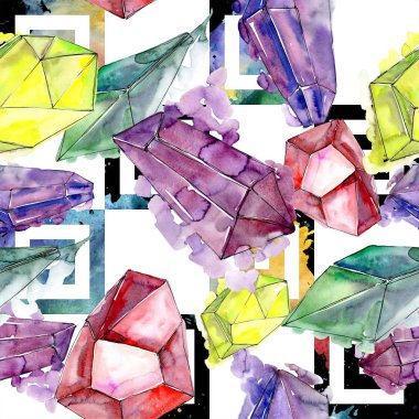 Renkli elmas taş takı mineral. Sorunsuz arka plan deseni. Kumaş duvar kağıdı yazdırma doku. Geometrik kuvars çokgen kristal taş mozaik şekil Ametist mücevher.