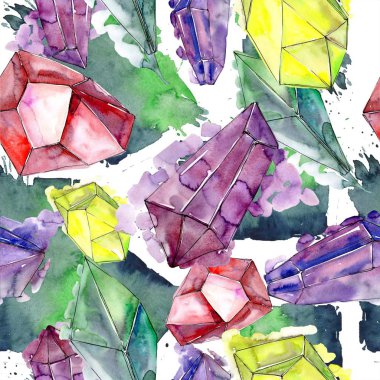 Renkli elmas taş takı mineral. Sorunsuz arka plan deseni. Kumaş duvar kağıdı yazdırma doku. Geometrik kuvars çokgen kristal taş mozaik şekil Ametist mücevher.
