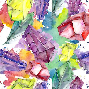 Renkli elmas taş takı mineral. Sorunsuz arka plan deseni. Kumaş duvar kağıdı yazdırma doku. Geometrik kuvars çokgen kristal taş mozaik şekil Ametist mücevher.