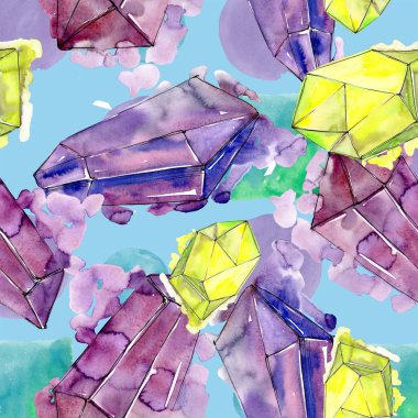 Renkli elmas taş takı mineral. Sorunsuz arka plan deseni. Kumaş duvar kağıdı yazdırma doku. Geometrik kuvars çokgen kristal taş mozaik şekil Ametist mücevher.