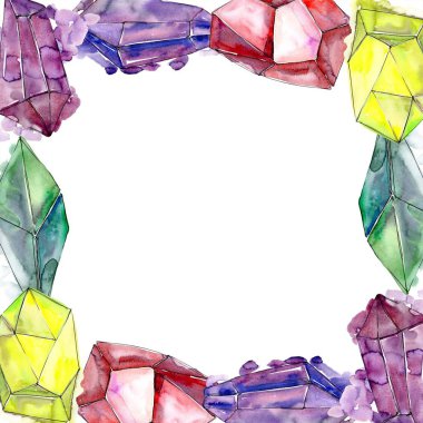 Renkli elmas taş takı mineral. Çerçeve kenarlığı süsleme Meydanı. Geometrik kuvars çokgen kristal taş mozaik şekil Ametist mücevher.