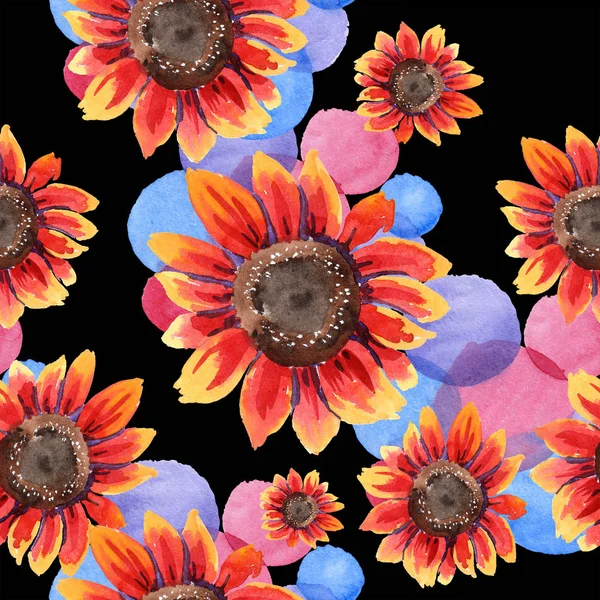 Kır çiçeği kırmızı ayçiçeği çiçek suluboya tarzında. Sorunsuz arka plan deseni. Kumaş duvar kağıdı yazdırma doku. Arka plan, doku, sarıcı desen, çerçeve için Aquarelle kır çiçeği.