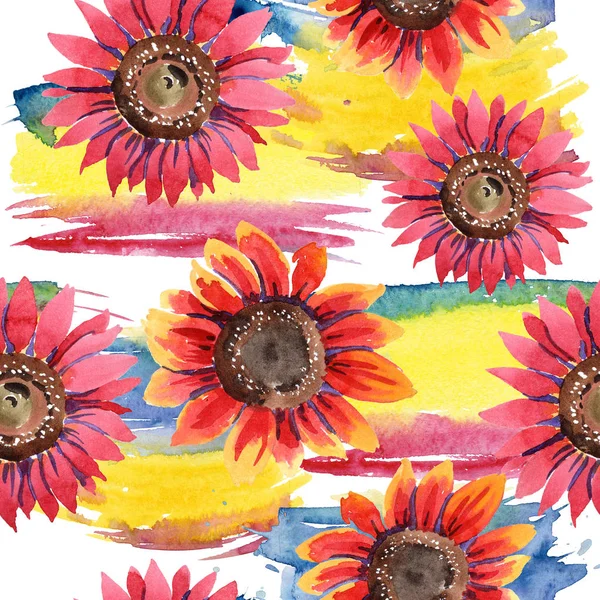Wildflower red sunflower flower in a watercolor style. Seamless background pattern. Fabric wallpaper print texture. Aquarelle wildflower for background, texture, wrapper pattern, frame.