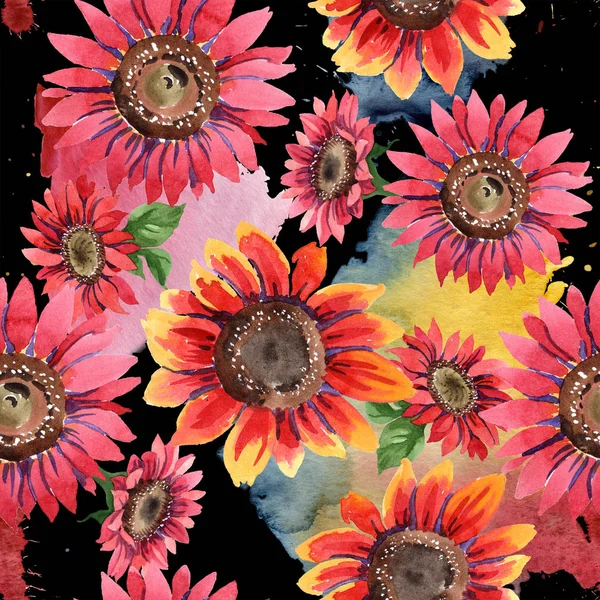 Kır çiçeği kırmızı ayçiçeği çiçek suluboya tarzında. Sorunsuz arka plan deseni. Kumaş duvar kağıdı yazdırma doku. Arka plan, doku, sarıcı desen, çerçeve için Aquarelle kır çiçeği.