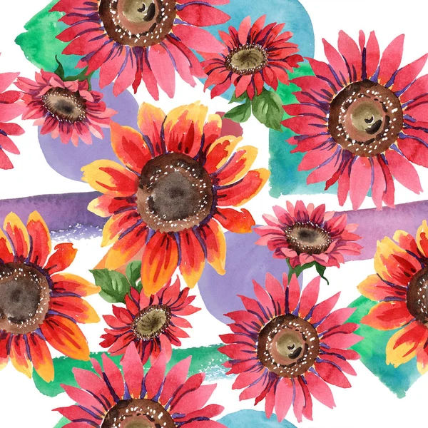 Kır çiçeği kırmızı ayçiçeği çiçek suluboya tarzında. Sorunsuz arka plan deseni. Kumaş duvar kağıdı yazdırma doku. Arka plan, doku, sarıcı desen, çerçeve için Aquarelle kır çiçeği.