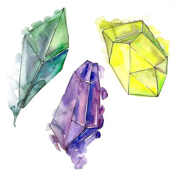 Renkli elmas taş takı mineral. İzole illüstrasyon öğesi. Geometrik kuvars çokgen kristal taş mozaik şekil Ametist mücevher.