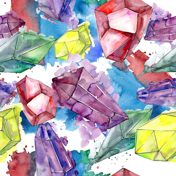 Renkli elmas taş takı mineral. Sorunsuz arka plan deseni. Kumaş duvar kağıdı yazdırma doku. Geometrik kuvars çokgen kristal taş mozaik şekil Ametist mücevher.