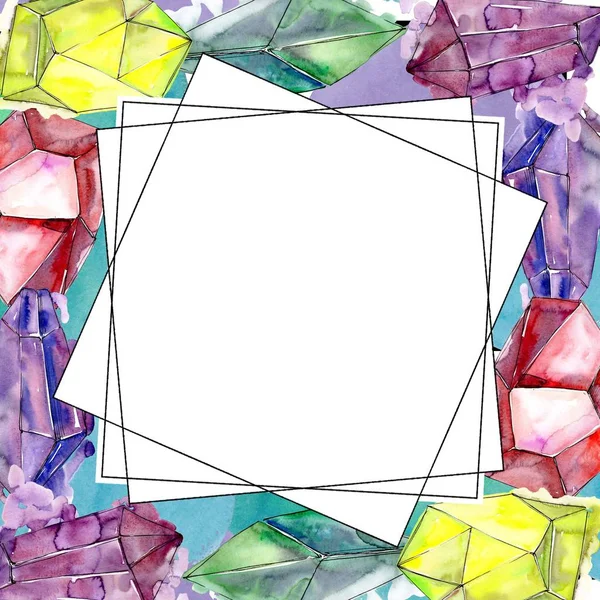 カラフルなダイヤモンド石宝石鉱物 フレーム枠飾りスクエア 幾何学的な石英多角形結晶石造りのモザイク図形アメジスト宝石 — ストック写真