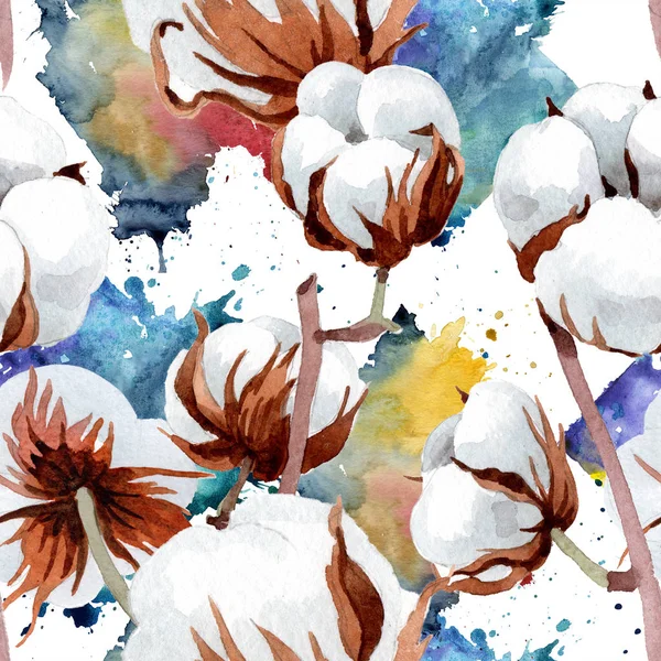 柔らかい白い綿 花植物の花 シームレスな背景パターン 壁紙印刷手触りの生地 テクスチャ ラッパー パターン フレームや境界線の Aquarelle ワイルドフラワー — ストック写真