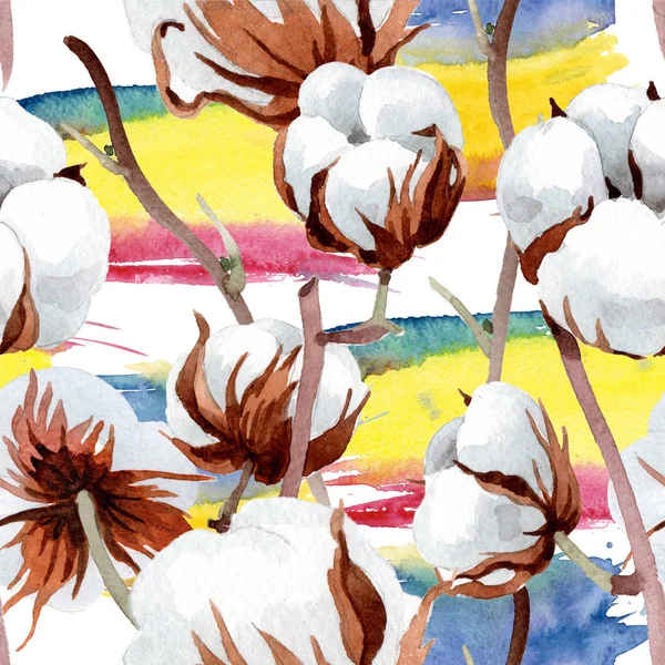 Yumuşak beyaz pamuklu. Botanik çiçek. Sorunsuz arka plan deseni. Kumaş duvar kağıdı yazdırma doku. Arka plan, doku, sarıcı desen, çerçeve veya kenarlık için Aquarelle kır çiçeği.
