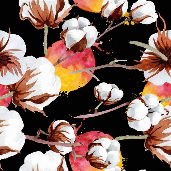 Yumuşak beyaz pamuklu. Botanik çiçek. Sorunsuz arka plan deseni. Kumaş duvar kağıdı yazdırma doku. Arka plan, doku, sarıcı desen, çerçeve veya kenarlık için Aquarelle kır çiçeği.