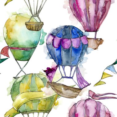 Sıcak hava balonları arka plan fly hava taşıma illüstrasyon. Sorunsuz arka plan deseni. Kumaş duvar kağıdı yazdırma doku.