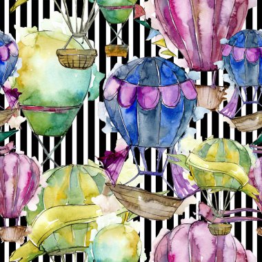 Sıcak hava balonları arka plan fly hava taşıma illüstrasyon. Sorunsuz arka plan deseni. Kumaş duvar kağıdı yazdırma doku.