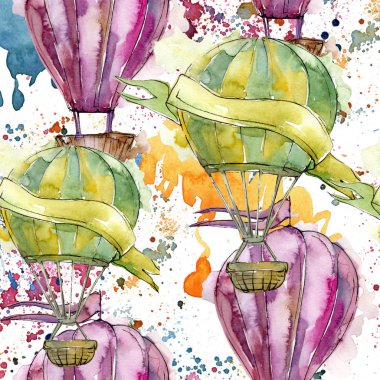 Sıcak hava balonları arka plan fly hava taşıma illüstrasyon. Sorunsuz arka plan deseni. Kumaş duvar kağıdı yazdırma doku.