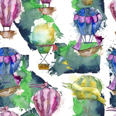 Sıcak hava balonları arka plan fly hava taşıma illüstrasyon. Sorunsuz arka plan deseni. Kumaş duvar kağıdı yazdırma doku.