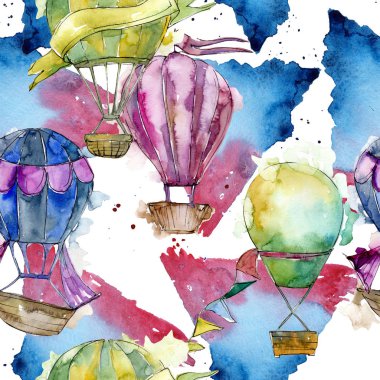 Sıcak hava balonları arka plan fly hava taşıma illüstrasyon. Sorunsuz arka plan deseni. Kumaş duvar kağıdı yazdırma doku.