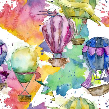 Sıcak hava balonları arka plan fly hava taşıma illüstrasyon. Sorunsuz arka plan deseni. Kumaş duvar kağıdı yazdırma doku.